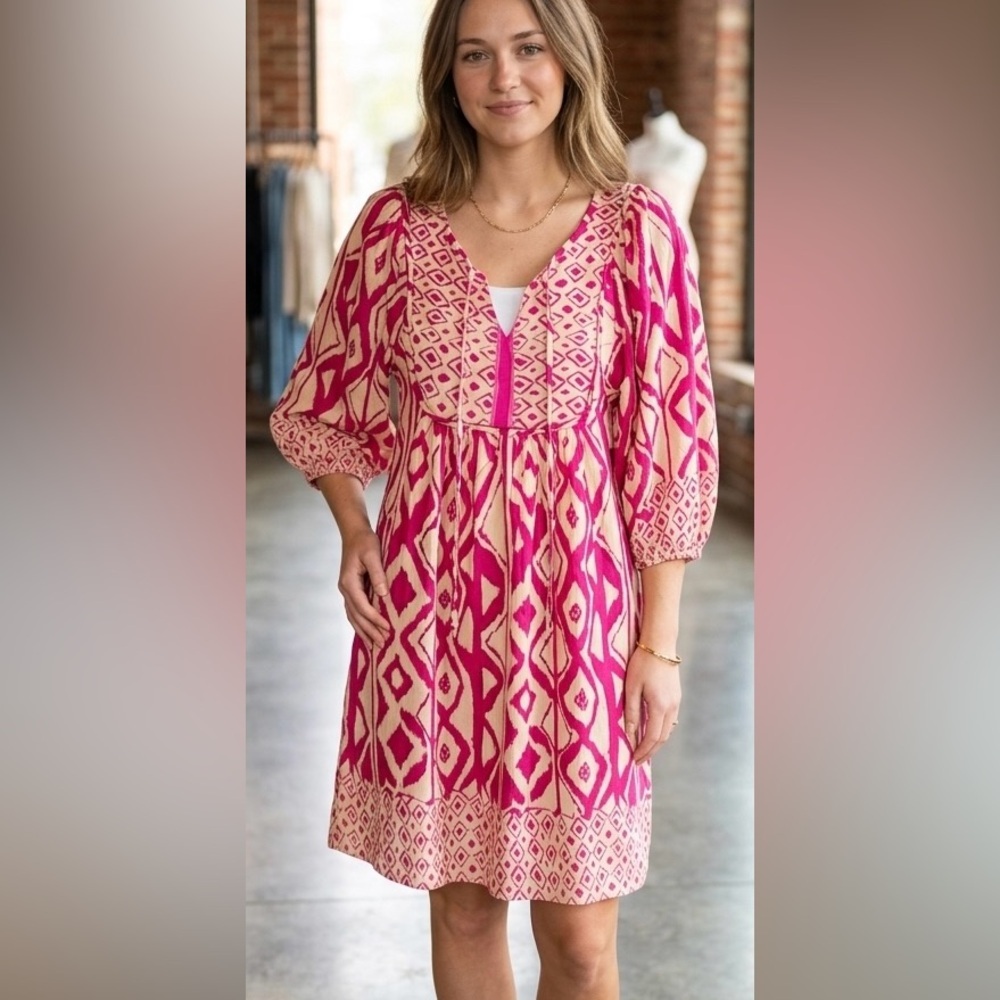 Qearal V Neck 3/4 Sleeve Boho Floral Printed Loose Short Summer Dress Size L
